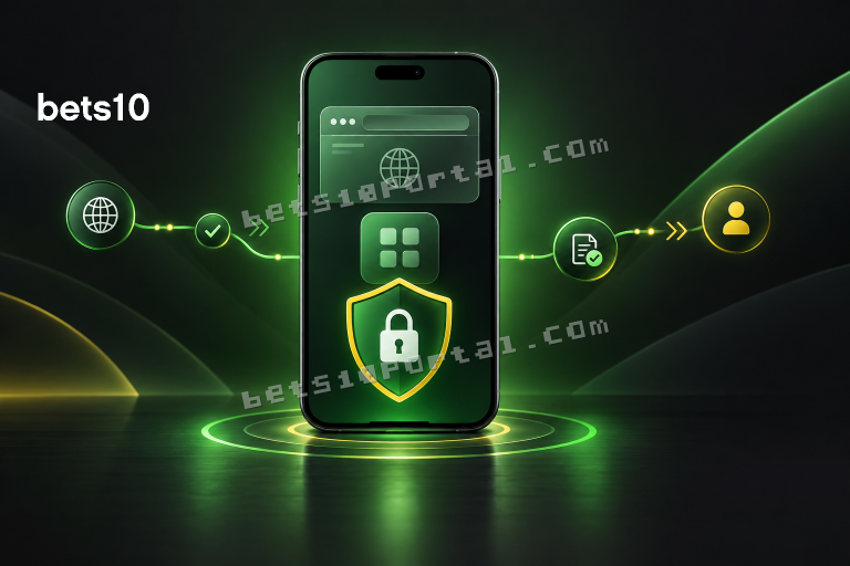 Koyu zeminde yeşil ışıkla vurgulanan telefon, tarayıcı penceresi ve kilit simgesi bets10 kolay giriş için mobil güvenlik kontrollerini temsil ediyor.